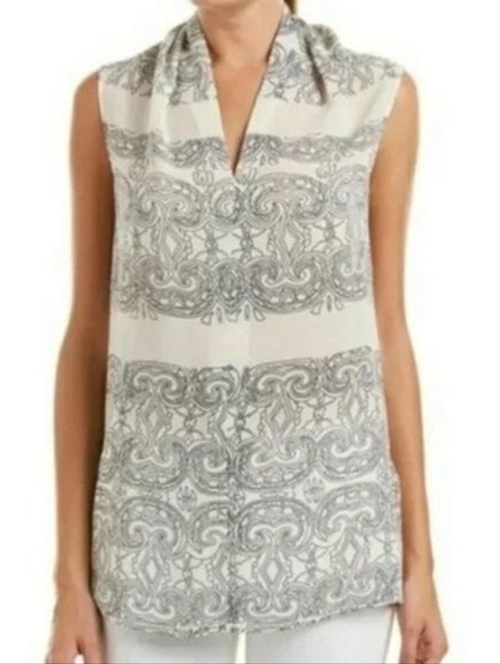CABI Black & Ivory Sleeveless Scrollwork Tunic Blouse | SZ M